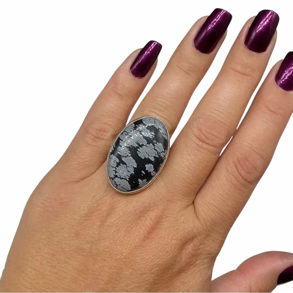 Snowflake Obsidian Ring Size 7 925 Sterling Silver Overlay Black Oval Chunky